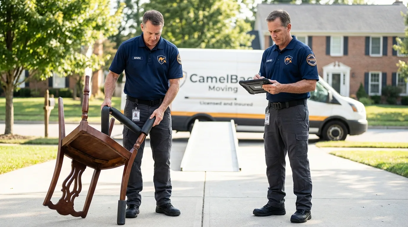 Movers inspecting furniture for damage prevention before loading in Milton, WA